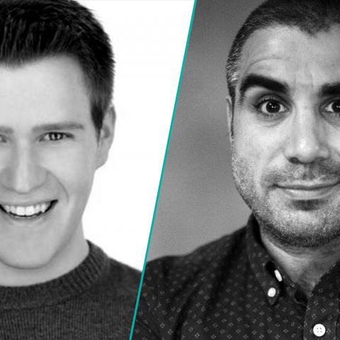 Ben Simpson and Mike Mosallam headshot lockup in black and white
