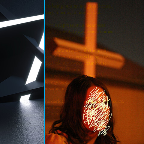 Scratched out face of character in front of a cross. 