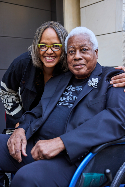 Terri Lyne Carrington poses with Wayne Shorter outside at the Joni Mitchell event in L.A.