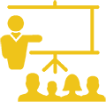 Icon depicting a teacher at the front of a classroom with students