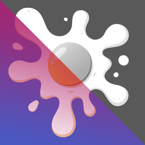 Cartoon of splattered egg with a half purple and half black and white overlay
