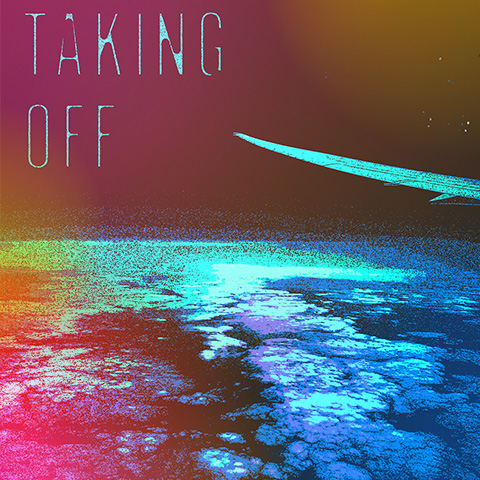 Illustration of plane wing over the earth and the words Taking Off