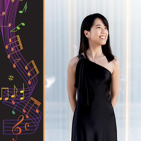 Kate Liu posing in a black dress in front of a white wall with a music graphic to the left