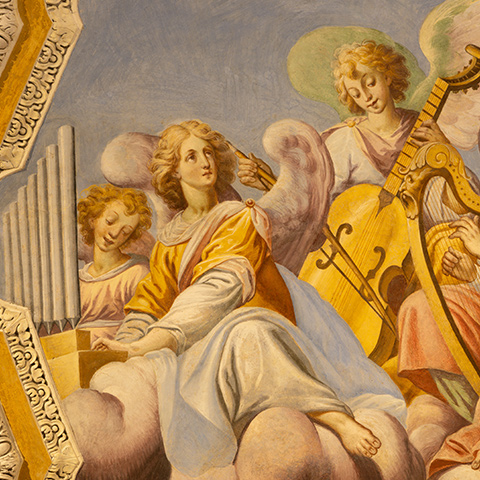 Image of angels and a harp