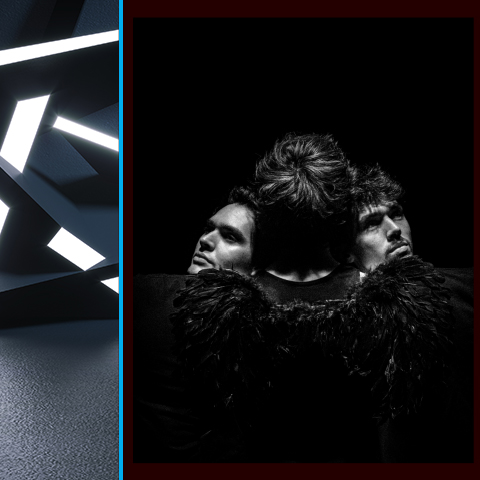 Left side: structure with light beaming in grey room. Right side: Black and white image of two men staring outwards with one man standing in between them facing the opposite way.