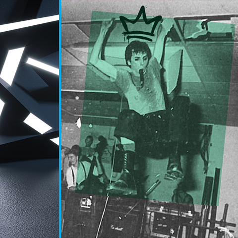 Left side: structure with light beaming in grey room. Right side: Green-hued image of a performer on stage with a microphone in his mouth and a crown drawn above his head.