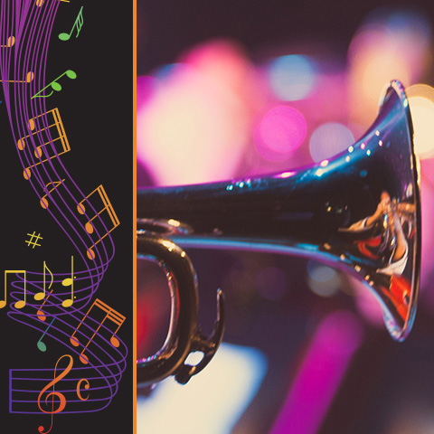 Left side: black background with colorful musical notes. Right side: close up on trumpet bell with pink and blue hues in the background.