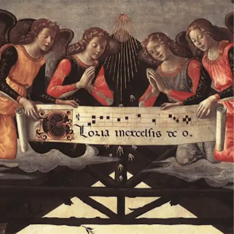 Adoration of the Magi: angels reading gregorian music