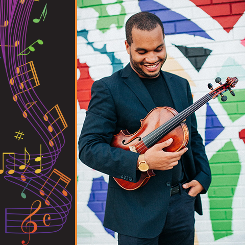 Michael Casimir holding viola in front of colorful wall. Left edge of photo has music notes.