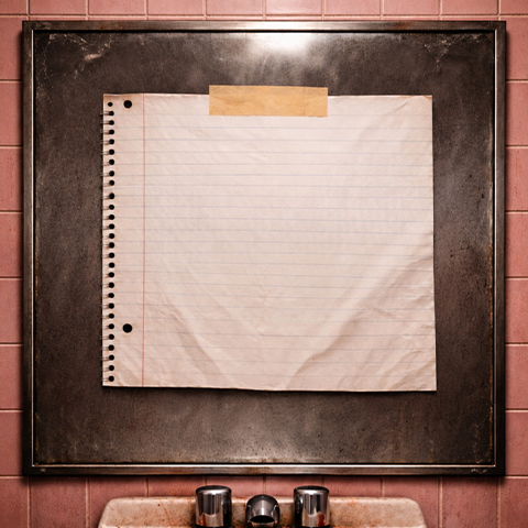 Bathroom mirror with a paper note on it