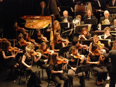 String section of an orchestra performing in formal attire