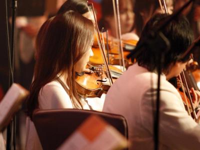 String musicians playing in an ensemble 