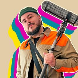 Chris Bolte holding a large boom mic against a stylized graphic background featuring multicolor silhouettes of him.