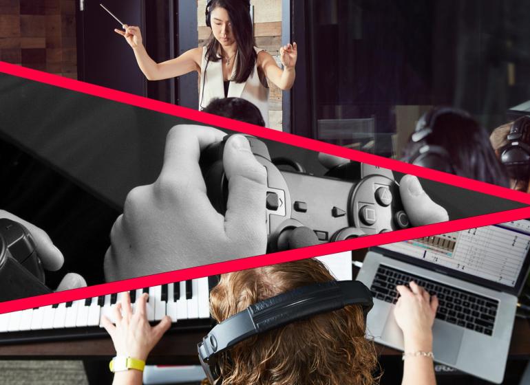 Collage of a woman conducting an orchestra, a close-up of a hand playing a video game controller, and a person using scoring software