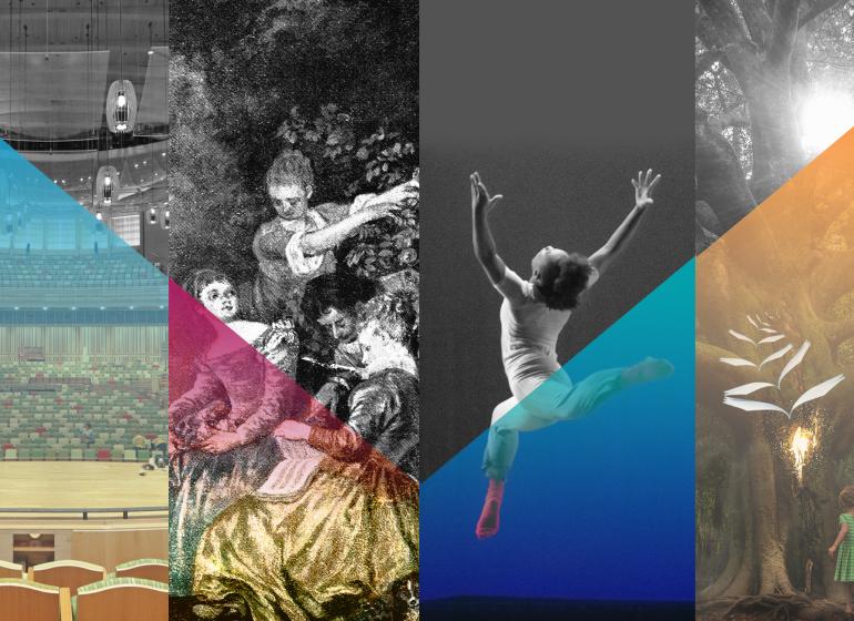 Collage depicting Into the Woods, a concert hall, a dancer mid leap, and a historical image of women reading music 