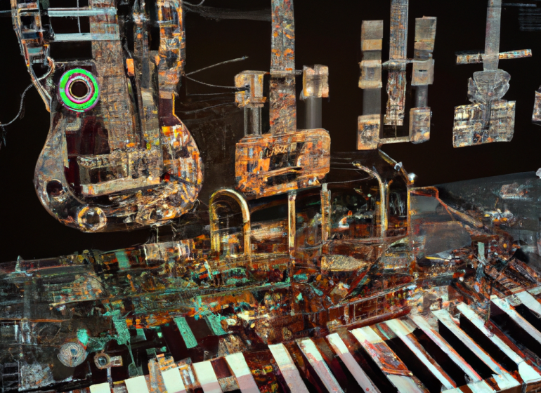 AI generated image of jazz instruments transforming into computer circuitry