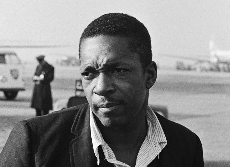 black and white photograph of John Coltrane