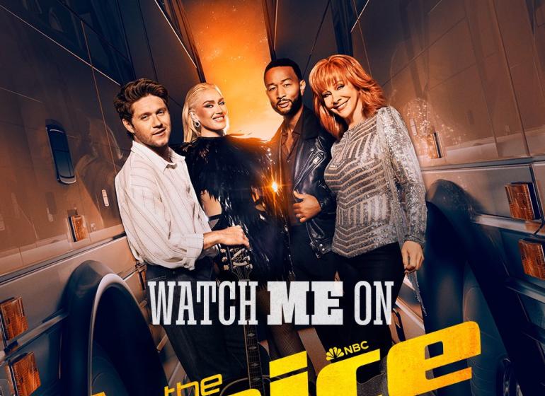 Promo poster for season 24 of 'The Voice' featuring a picture of the judges and text saying 'Watch Me on The Voice'