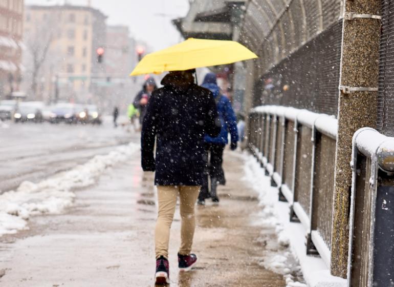 A person with an umbrella walks with their back to the camera down a snowy and wet city street