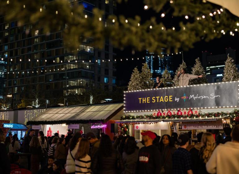 A Berklee student performs at the Snowport in 2024
