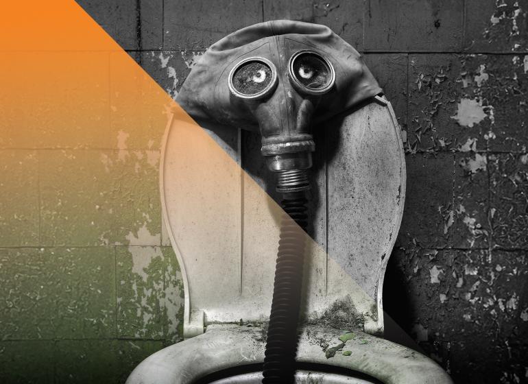 Black and white image of a toilet with a hose down the drain with two eyes on top