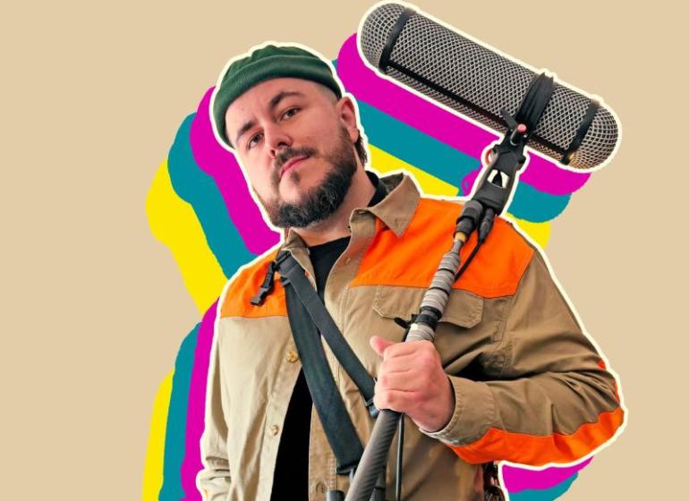 Chris Bolte holding a large boom mic against a stylized graphic background featuring multicolor silhouettes of him.