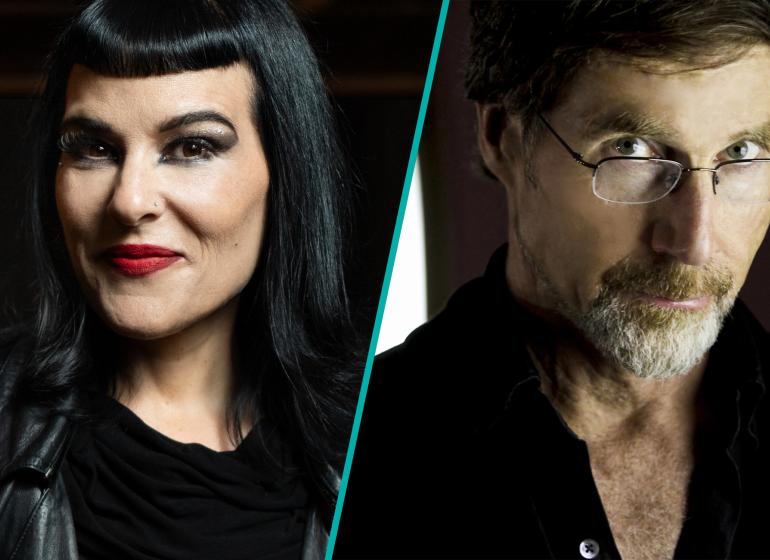 Left: Headshot of Honorary Degree Recipient Beth Morrison, Right: Headshot of Honorary Degree Recipient Moses Pendleton. Headshots are separated by a thin blue vertical line.