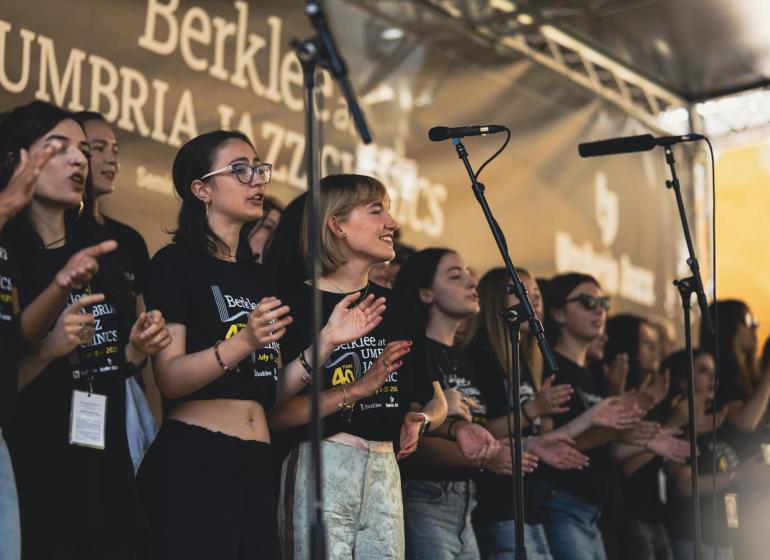 Students performing in the 2025 Berklee at Umbria Jazz Clinics Gospel Ensemble.