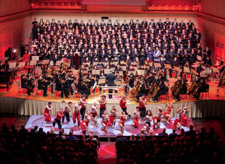 Boston Conservatory singers, dancers, and instrumentalists performing Carmina Burana at Symphony Hall with chorus