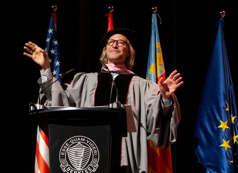 Berklee Valencia's Honorary Doctorate recipient Eric Whitacre addresses the class of 2026 during commencement celebrations.