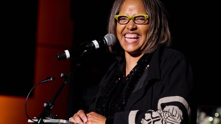 Terri Lyne Carrington giving remarks at the honorary doctorate event for Joni Mitchell