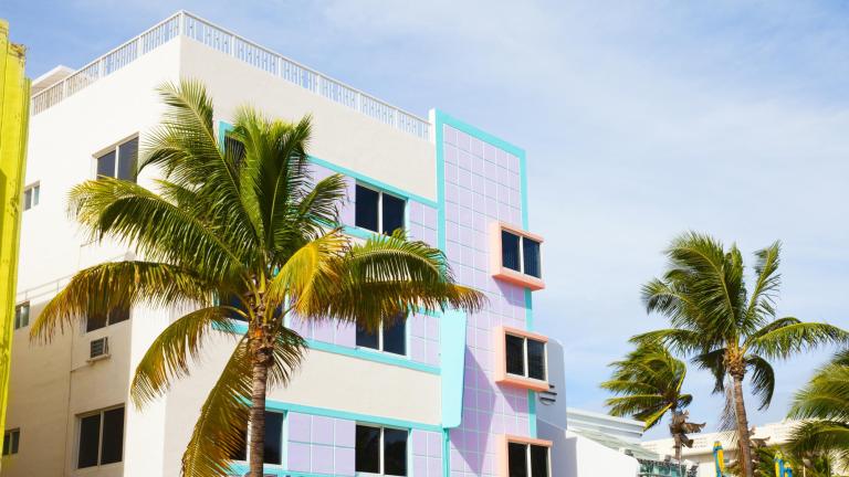 Palm trees in front of a pastel building in Miami