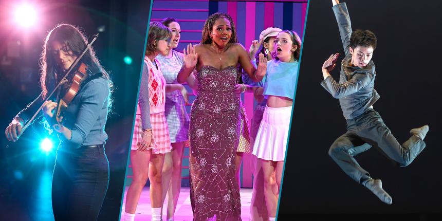 Three-part collage of astring player, a musical theater scene with three actors on stage, and a dancer jumping mid air.