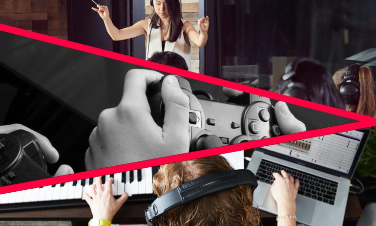 Collage of a woman conducting an orchestra, a close-up of a hand playing a video game controller, and a person using scoring software
