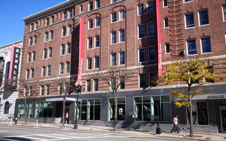 Mass Ave featuring Berklee banners on the 150 building