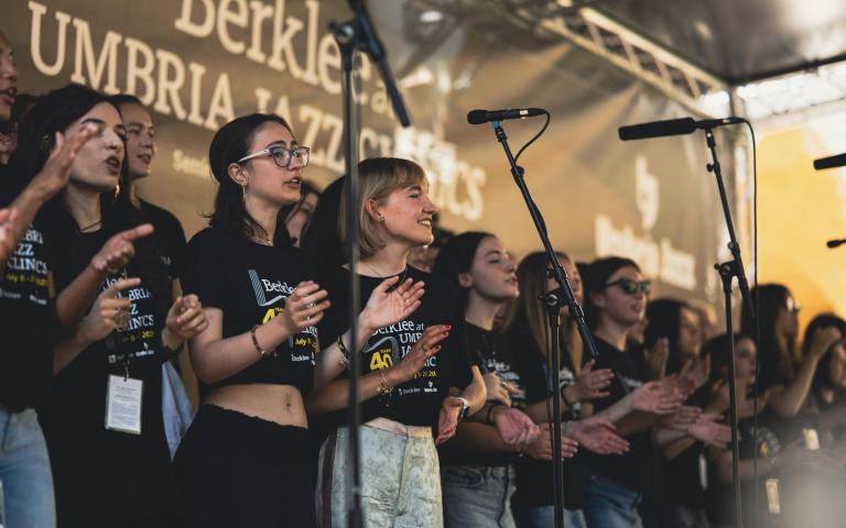 Students performing in the 2025 Berklee at Umbria Jazz Clinics Gospel Ensemble.