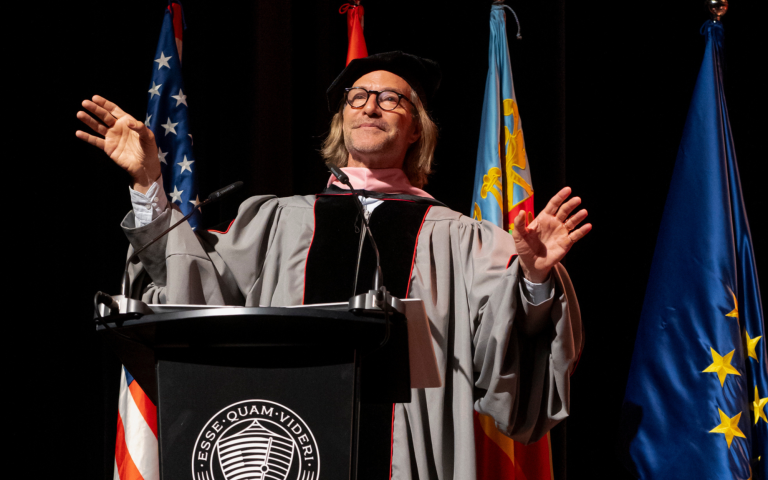 Berklee Valencia's Honorary Doctorate recipient Eric Whitacre addresses the class of 2026 during commencement celebrations.