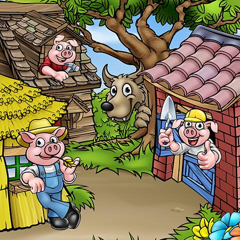 Three little pigs smiling, building houses, big bad wolf sneaking behind.