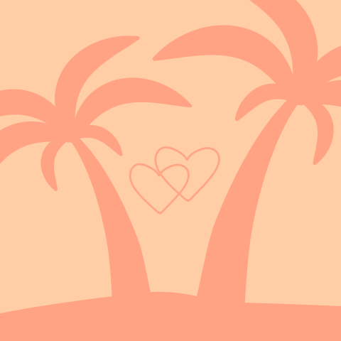 Silhouette of two palm trees with a peach-colored background