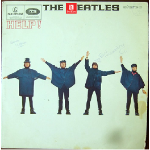 The cover art of "The Beatles"'s album, "Help!". The letter "B" in "The Beatles" is replaced with the "B" in the Berklee logo