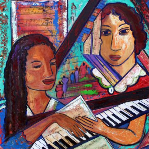 multimedia painting of Florence Price playing piano with another female pianist.