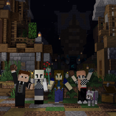 Image of four Minecraft "people" characters with one Minecraft dog at night.