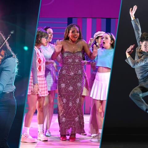Three-part collage of astring player, a musical theater scene with three actors on stage, and a dancer jumping mid air.