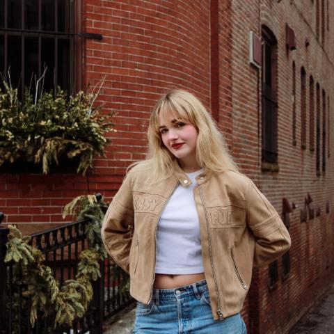 Siva in front of a Back Bay brownstone