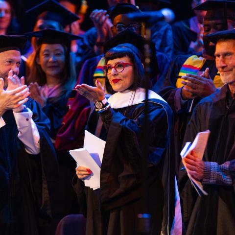 Boston Conservatory Executive Director Michael Shinn celebrates with honorary doctorate recipients Beth Morrison and Moses Pendleton.