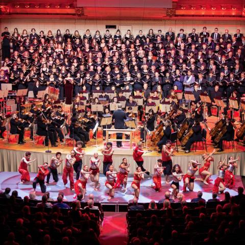 Boston Conservatory singers, dancers, and instrumentalists performing Carmina Burana at Symphony Hall with chorus