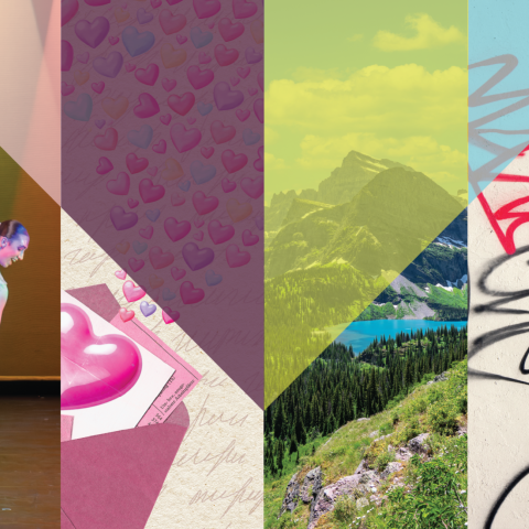 image collage showing a dancer, a valentine, a scenic view, and graffiti 