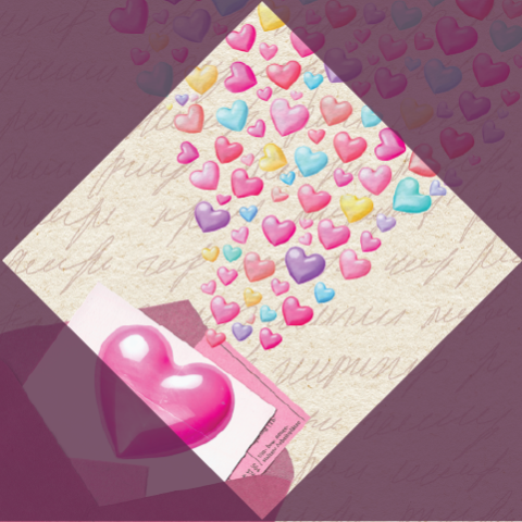 valentine with lots of multicolored hearts flowing out of an envelope