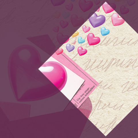 Illustration of hearts flowing out of an envelope in front of a pale white background with words. The image is highlighted by a diamond shape on the right side.