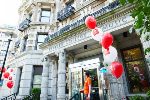 Berklee College of Music with red and white balloons